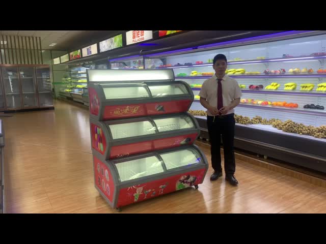 R290 Овальная форма 3 палубная морозильная морозильная камера для мороженого под холодильником холодильный дисплей видео