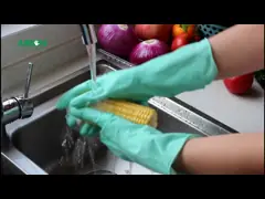 Green Color Latex Cotton Lined Rubber Gloves Different Sizes For Washing Dishes video