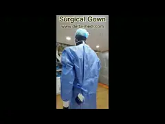 PP SMS Velcro Neck Knitted Cuff Disposable Surgical Gown Reinforced At Half Sleeves