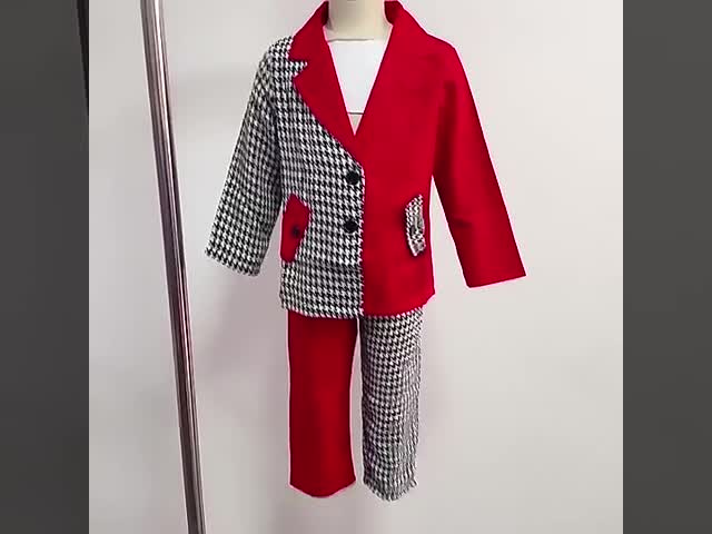 Children'S Outfit Sets Girls Houndstooth Stitching Suit Kids Girls Fashion 2-Piece Set