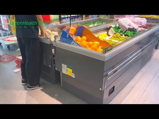 Parte superior aberta do grande congelador comercial da ilha da exposição do equipamento refrigerando para a loja