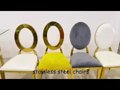 Золото нержавеющей стали вокруг свадьбы задней части обедая стулья с белым кожаным валиком video