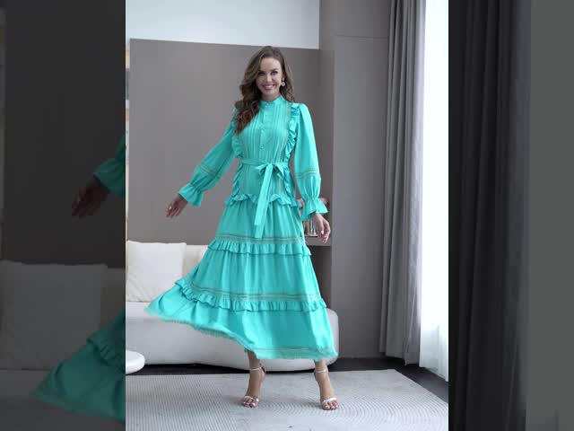 Embellished Patchwork Bell Sleeve Lace Dress 100% Cotton Fabric