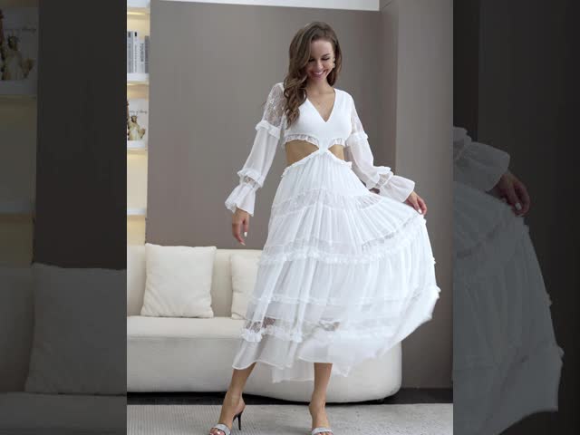 Balloon Sleeves Ladies Lace Dresses Lace Trim Midi Dress OEM service