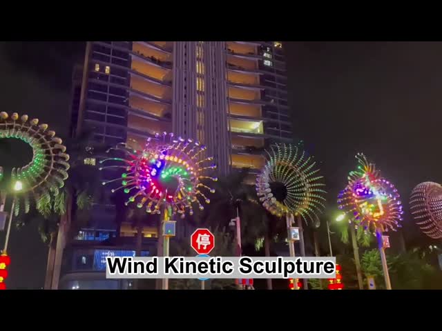 Stainless Steel Rotating Kinetic Wind Sculpture With Multi-Colored Lights