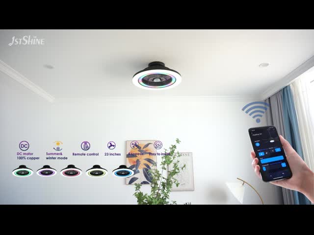 Вентилятор без лезвия в спальне с RGB Light Smart APP Черный Современный Малый Размер Многоцветный видео