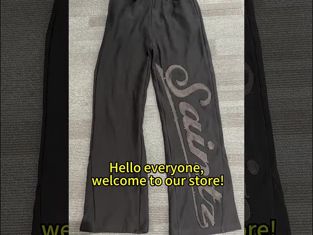 Custom Rhinestone Puff Print Sweat Pants Joggers Vintage Acid Wash Flared Sweatpants Men