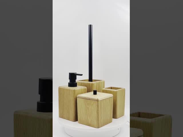 木製の浴室用品セット 黒のポンプヘッドソープ皿ソープディスペンサータンブラー