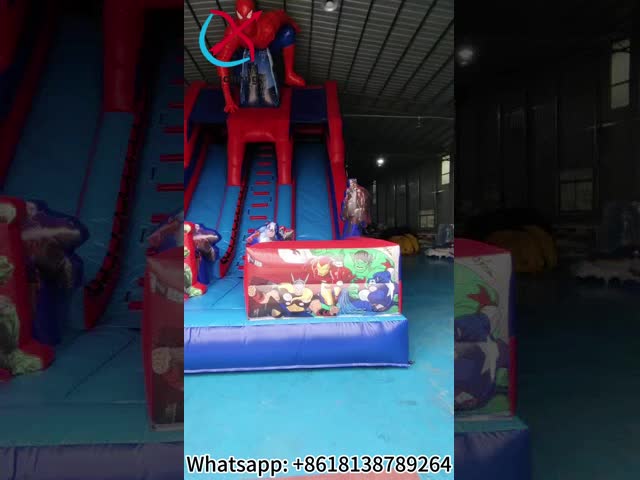 Commercial Inflatable Double Slides Spider-Man Inflatable Dry Slides Castle For Kids And Adults For Sale video