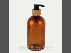 Natural Bamboo Cosmetic Lotion Bottle Refillable 200ml 300ml 500ml Amber PET Bottle