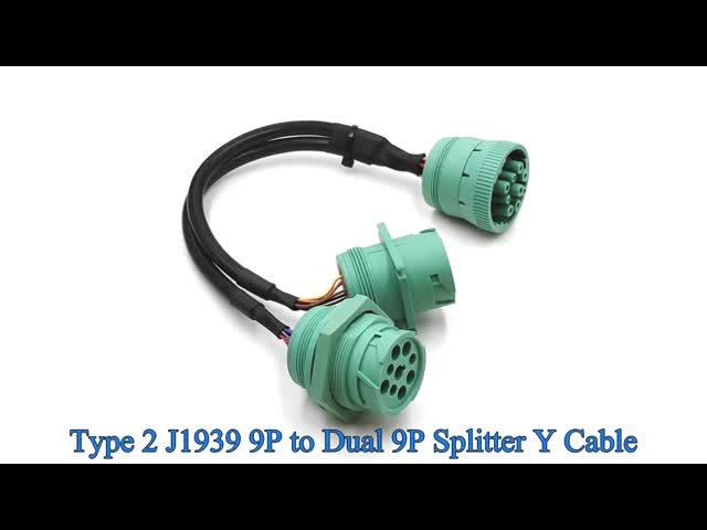 Green Deutsch 9 Pin J1939 Female to J1939 Male Square Flange and Threaded J1939 Male Split Y Cable