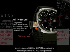U8 Ultra AMOLED Android 9.0 Smart Watch Homme 4G 5G Carte SIM Wifi GPS Compas 32GB Smartwatch Rotation de la caméra de sport Voir 7 Ultra