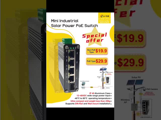 ミニ 4 ポート PoE + 1 ポート SFP インダストリアルイーサネットスイッチ、12～48VDC 電圧ブースター