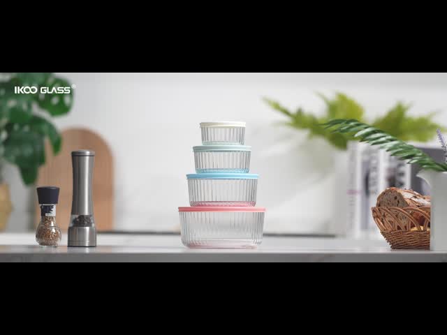 Lightweight Striped Glass Food Container with PE Lid - Dishwasher Safe Borosilicate Glass Storage
