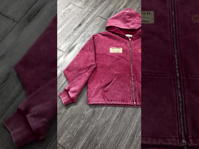 カスタム刺繍パッチロゴフーディー 酸性洗浄 ヴィンテージクロップドフーディー メンズ ボクシー ジップアップ フリースフーディー