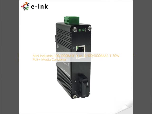ミニインダストリアル 100BASE-FX から 10/100BASE-T 30W PoE+ メディアコンバーター