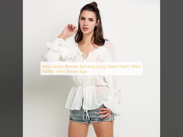 New Design Women Bat wing Long Sleeve Elastic Waist Ruffles Sheer Blouse Tops