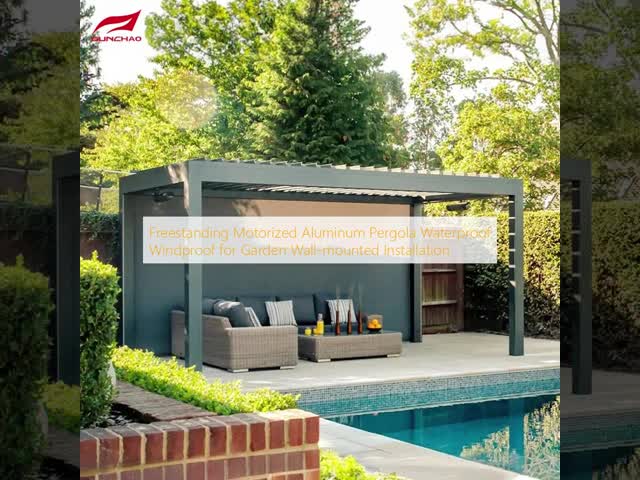 Freestanding Motorized Aluminum Pergola Waterproof Windproof for Garden Wall-mounted Installation