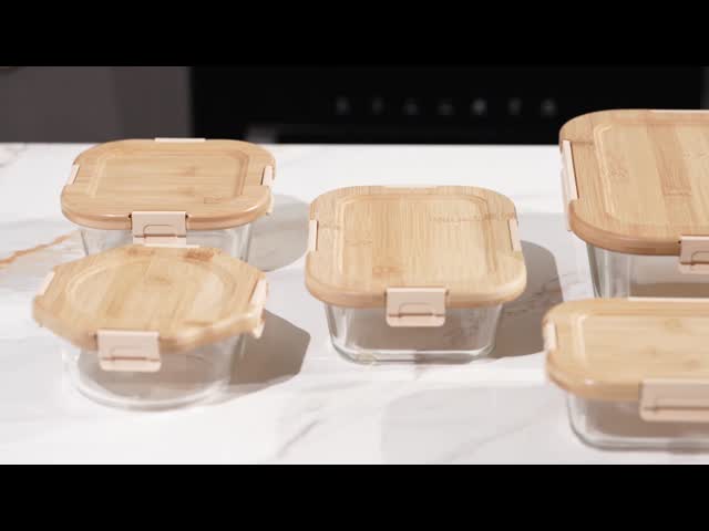 IKOO Oven Safe Transparent Glass Food Container with Bamboo Lids and Cool Lock for Secure Food Storage