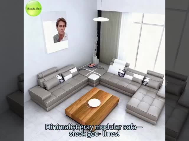 Minimalist Gray Leather Modular Sofa: Geometric Lines, Premium Build – Modern Art Hub Transform