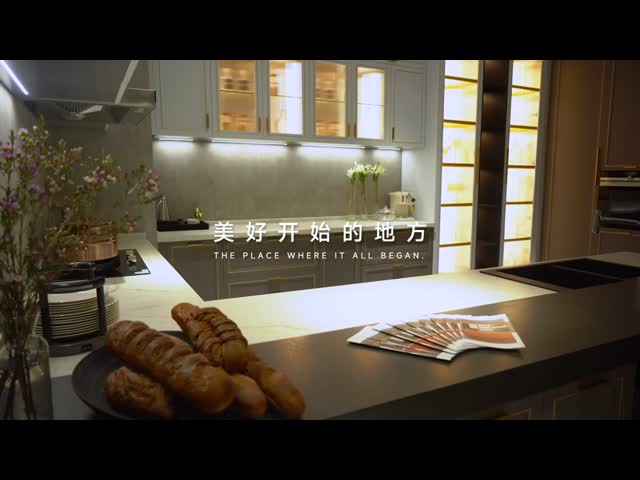 Modern Grey Brass - Trimmed Kitchen Cabinets - Island - Glass Storage