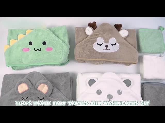 12 PCS Baby Bath Towels Set, 4 PCS Animal Hooded Baby Towels & 8 PCS Washcloths Set, Ultra Absorbent Cute Soft 
