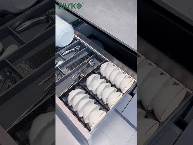 2 Tiers Pull Out Dish Bowl Cabinet Drawer Basket Utensils Storage Organizer with Light