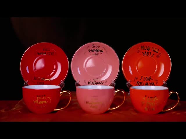 470ml Mother's Day Plates Dinnerware 420cc With Golden Pattern Rim And Handle Electroplating Commemorative