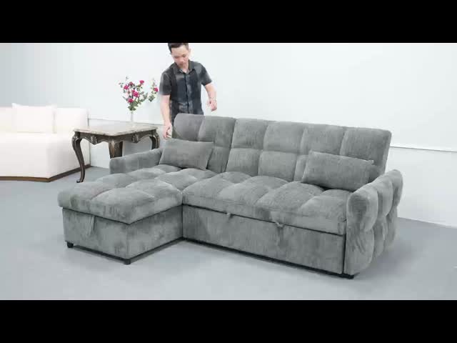 L-Shaped Sectional Sleeper Sofa with Pull-Out Bed and Adjustable Backrest and Storage Chaise, Gray Chenille