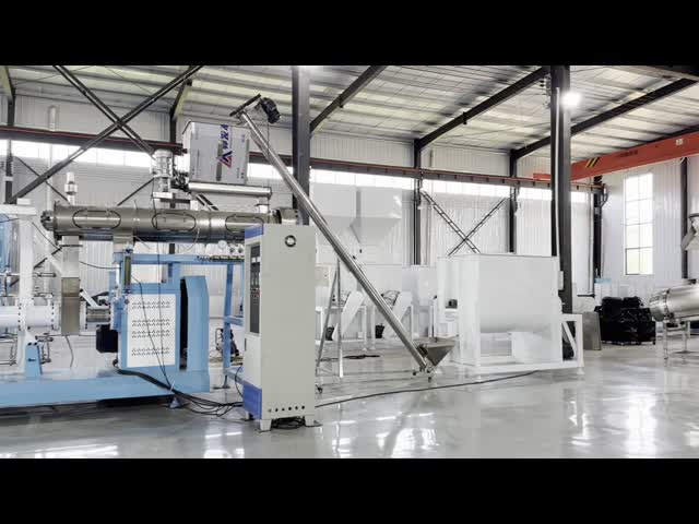 The CE-certified, fully stainless steel Extruded Aquatic Feed Pellet Production Line is sold to process raw materials into nutrient-rich pelleted feed for aquaculture and livestock farming.