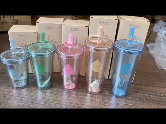 Simple Double-layer Large Capacity Plastic Straw Cup Creative Student Transparent Milk And Juice Water Bottle