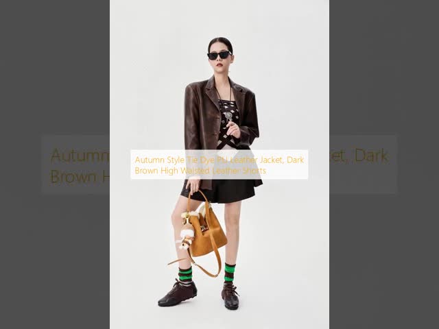 Autumn Style Tie Dye PU Leather Jacket , Dark Brown High Waisted Leather Shorts