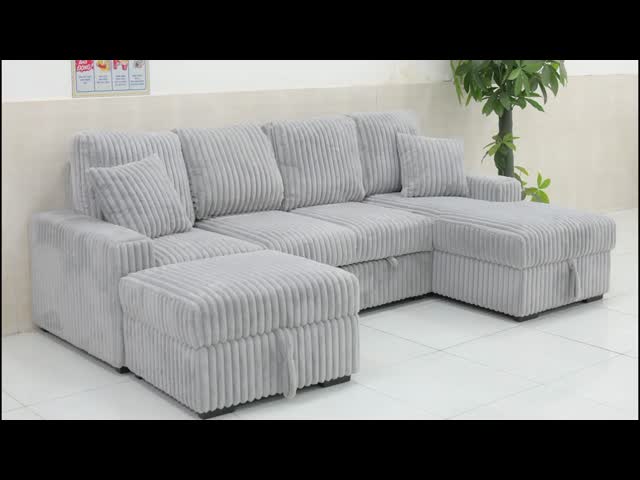 Sectional Sleeper Sofa with Pull-Out Bed and Dropdown Table and Storage Chaise and Storage Ottoman, Gray Corduroy Fabric