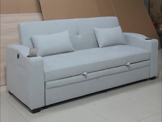 Queen Size Convertible Sleeper Sofa Bed, Comfortable Pull-Out Bed with Adjustable Backrest and USB Charging Port and Cup Holders, Futon Sofa Bed, Gray Fabric