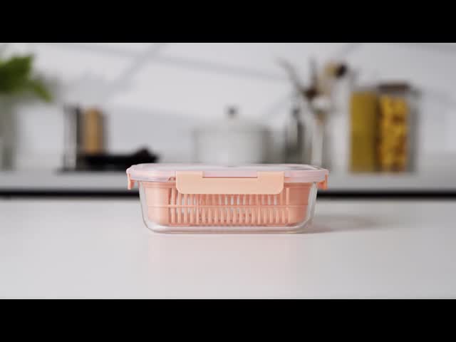 IKOO Stackable Airtight Glass Food Container with 1050ml Capacity and Removable Drain Basket