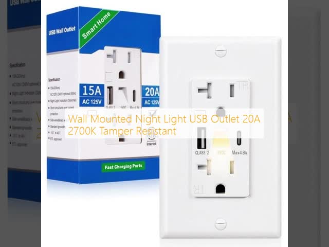 Wall Mounted Night Light USB Outlet 20A 2700K Tamper Resistant