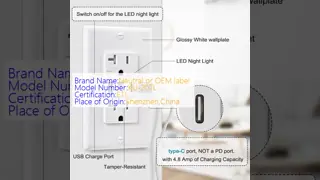 Wall Mounted Night Light USB Outlet 20A 2700K Tamper Resistant