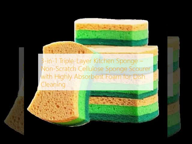 3-in-1 Triple-Layer Kitchen Sponge – Non-Scratch Cellulose Sponge Scourer with Highly Absorbent Foam for Dish Cleaning
