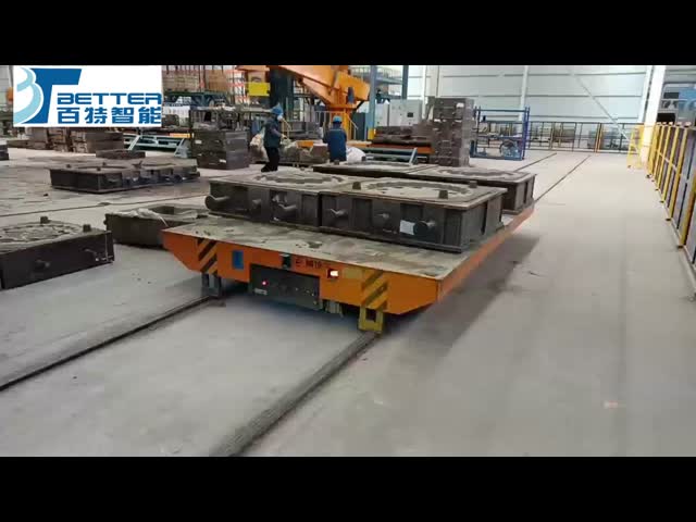 Cross Rail Transfer Cart with dc traction motors and built in battery for electrical control of flat cart start stop and speed control