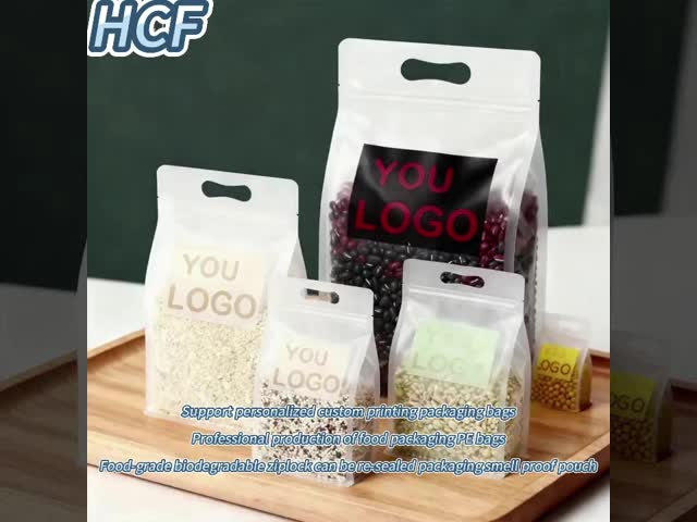 Custom Order Resealable Zipper Lock Clear Standing Bag Reusable Biodegradable Food Snacks Cereal Beans Storage Packaging