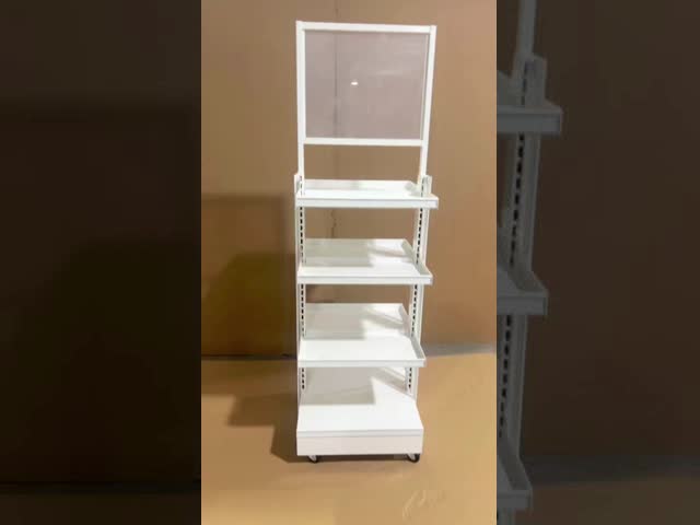 Adjustable 3 Shelf Double Sided Display Stand with Wheels & Side Top Signage Area