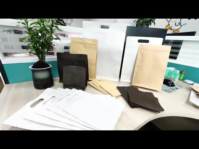 Hand Length Handle Coffee Pouch Custom Package Bag Biodegradable Resealable Kraft Paper Packaging Bags with Valve Zipper