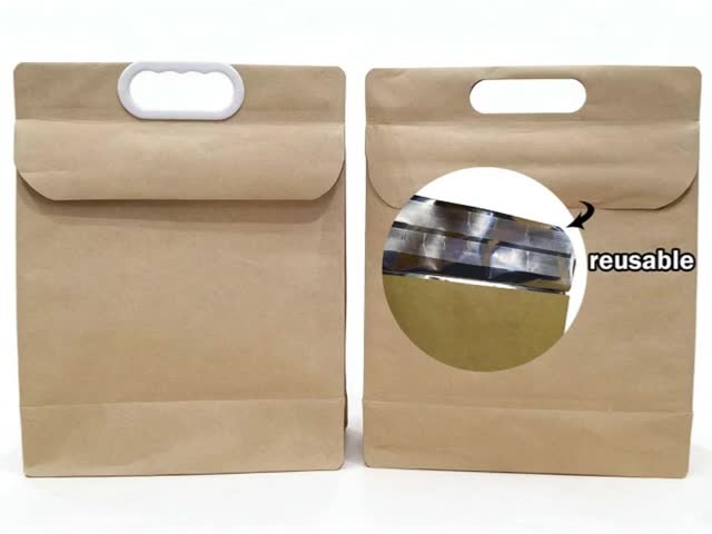 Custom  Kraft Paper Self-Adhesive Bags with Aluminum Foil Liner+Handle-Reusable Stand-Up Pouches Waterproof Tear-Resistant for Packaging