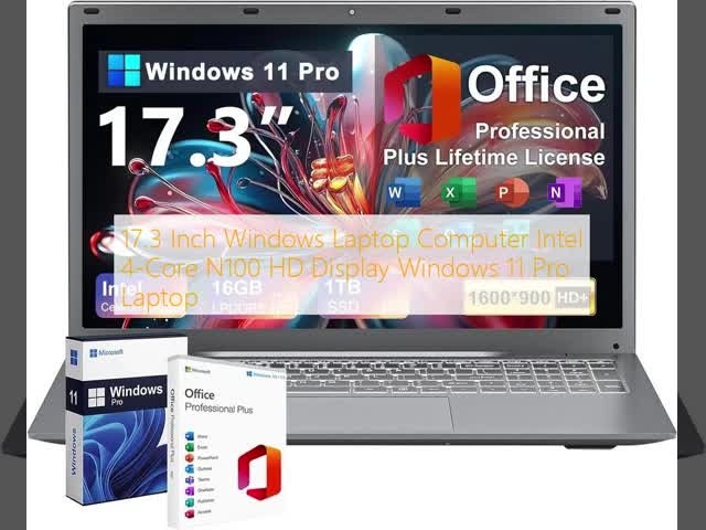 17.3 Inch Windows Laptop Computer Intel 4-Core N100 HD Display Windows 11 Pro Laptop