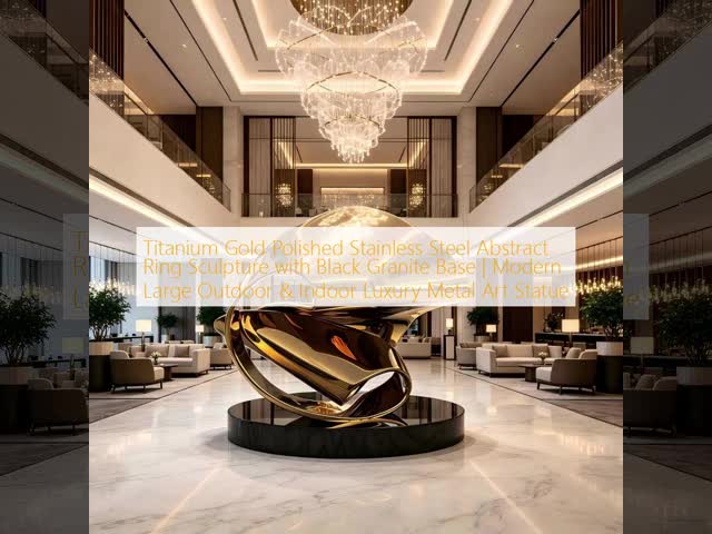 Titanium Gold Polished Stainless Steel Abstract Ring Sculpture with Black Granite Base | Modern Large Outdoor & Indoor Luxury Metal Art Statue