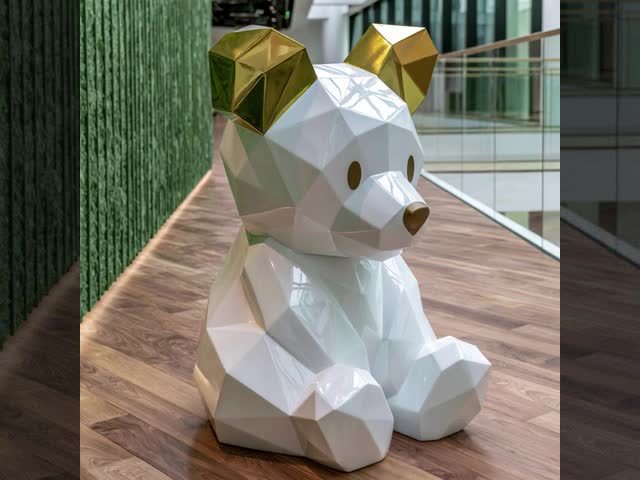 White Geometric Cartoon FRP Bear Sculpture for Modern Indoor Decor