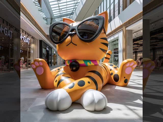 Cute Cartoon Cat FRP Sculpture Indoor Shopping Mall Display Art