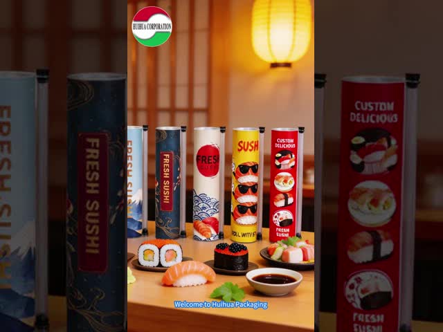 Custom Eco-Friendly Food Grade Craft Paper Sushi Push Pop Roll Packaging Cylinder Take-away Sushi Roll Tubes Hot Stamping Logo