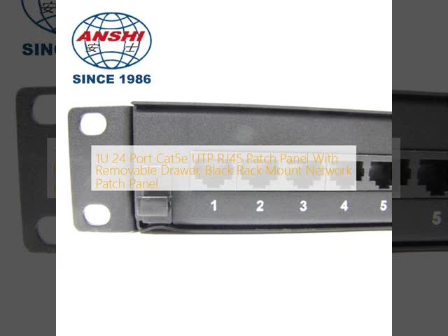 1U 24 Port Cat5e UTP RJ45 Patch Panel With Removable Drawer, Black Rack Mount Network Patch Panel