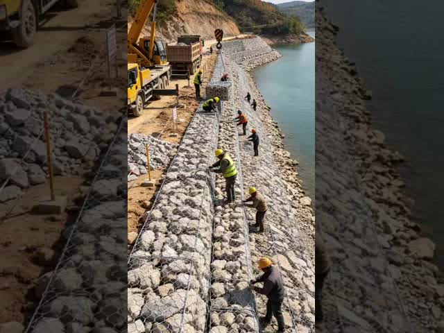 No more rigid concrete revetment. Gabion cages let water & soil circulate, restore natural ecology.